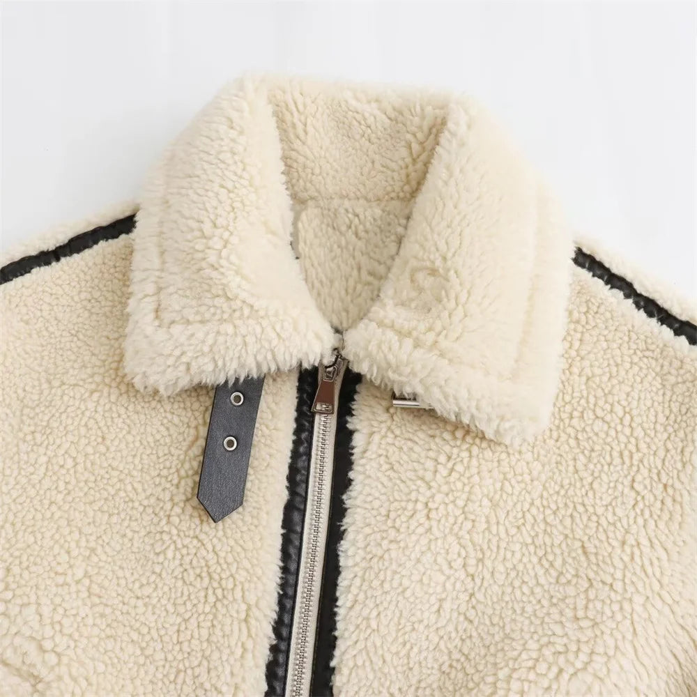 New Women's European Style Artificial Fur Effect Jacket Coat with Fur