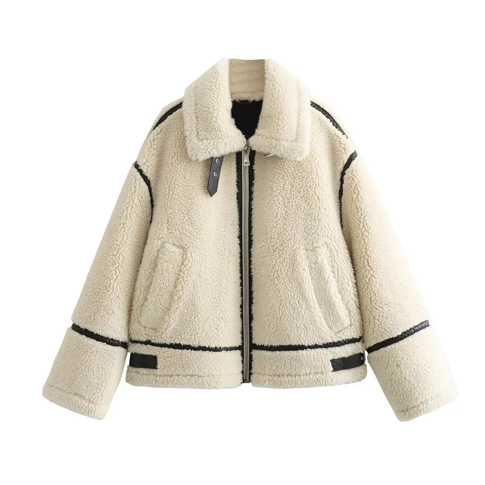 New Women's European Style Artificial Fur Effect Jacket Coat with Fur