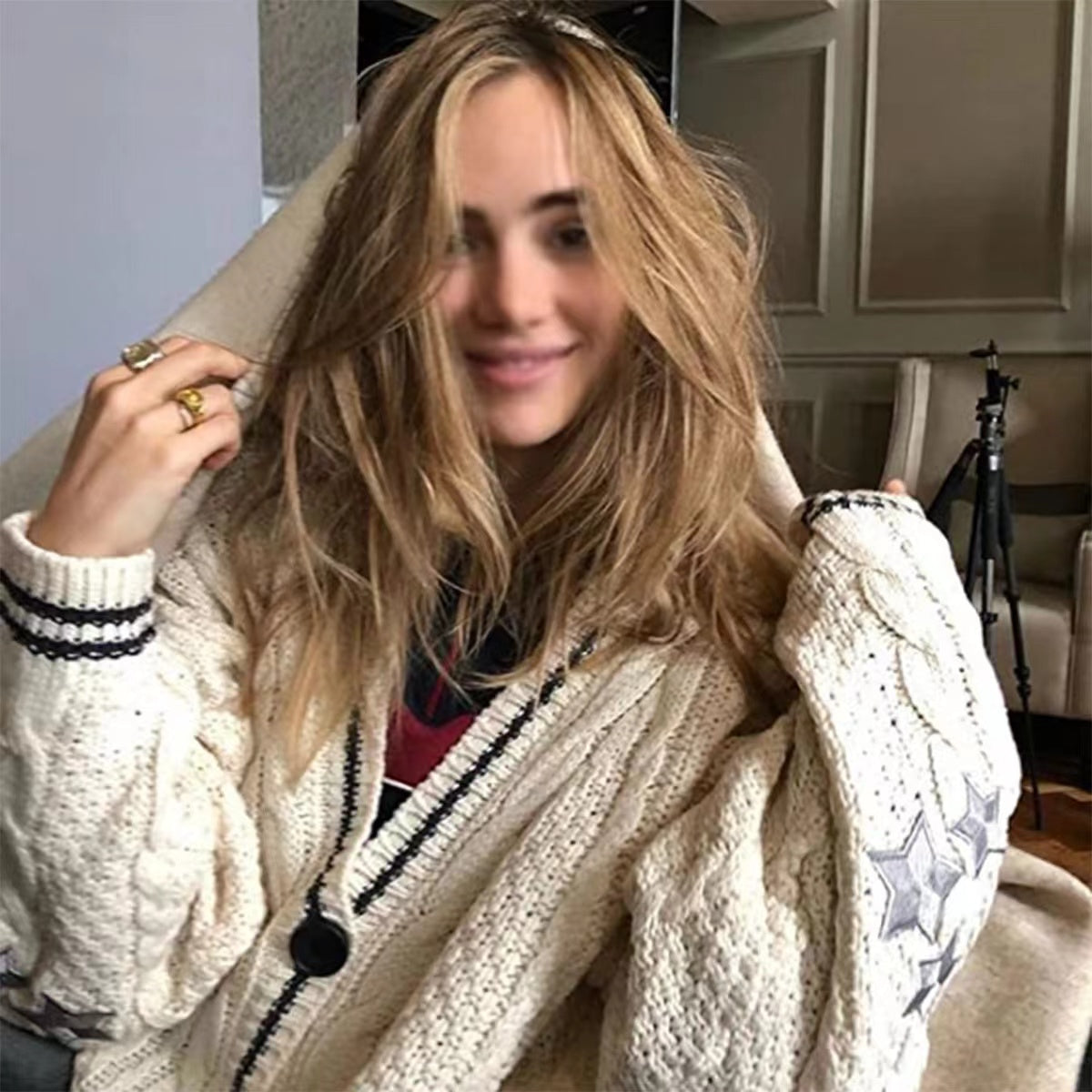 Loose Knitted Cardigans Star Embroidery Long Sleeve Top
