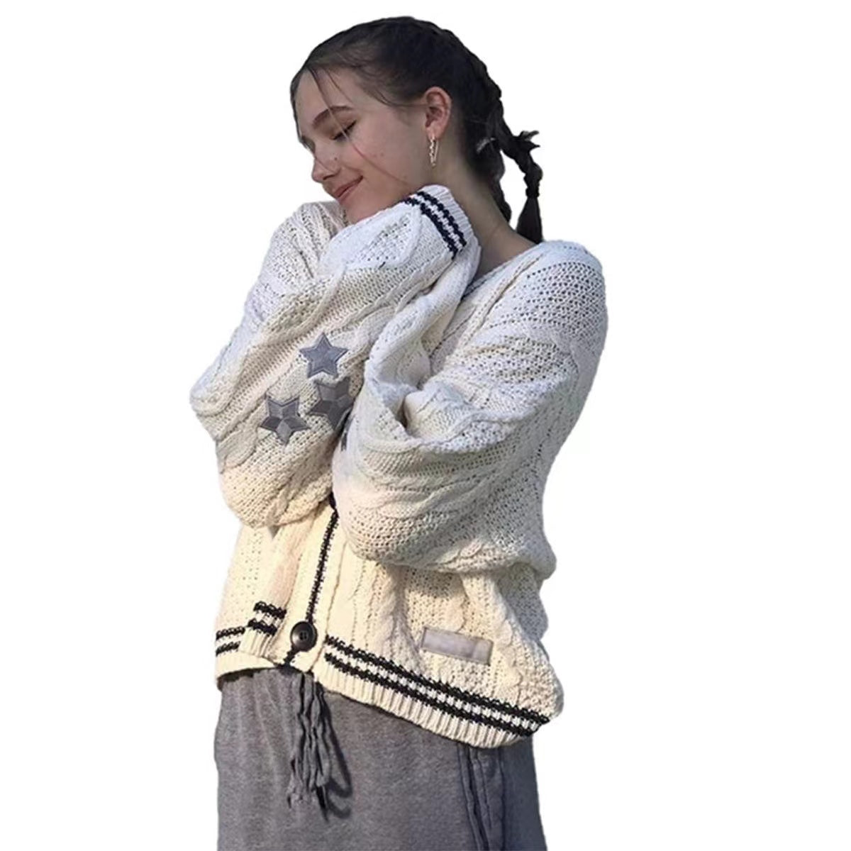 Loose Knitted Cardigans Star Embroidery Long Sleeve Top