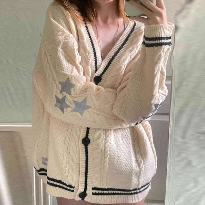 Loose Knitted Cardigans Star Embroidery Long Sleeve Top