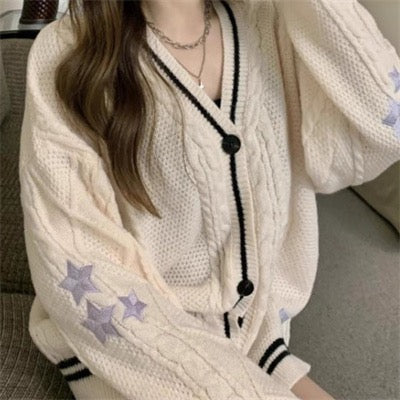 Loose Knitted Cardigans Star Embroidery Long Sleeve Top
