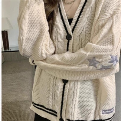 Loose Knitted Cardigans Star Embroidery Long Sleeve Top