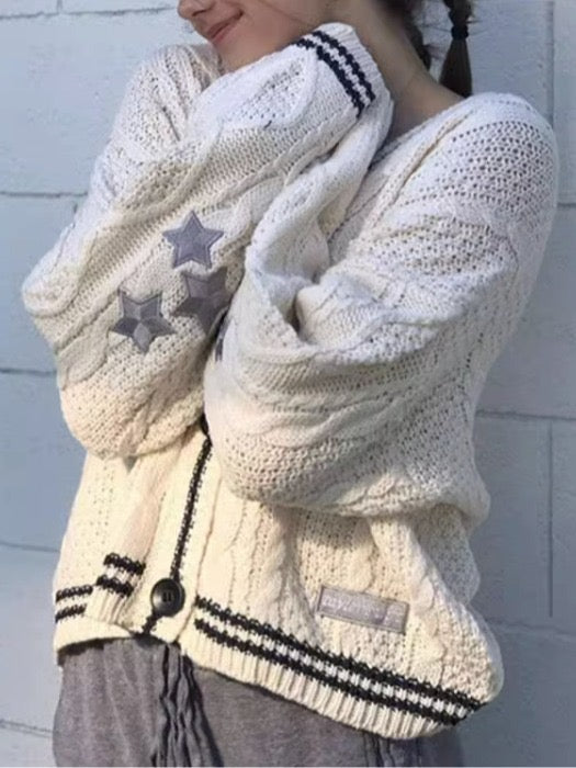 Loose Knitted Cardigans Star Embroidery Long Sleeve Top