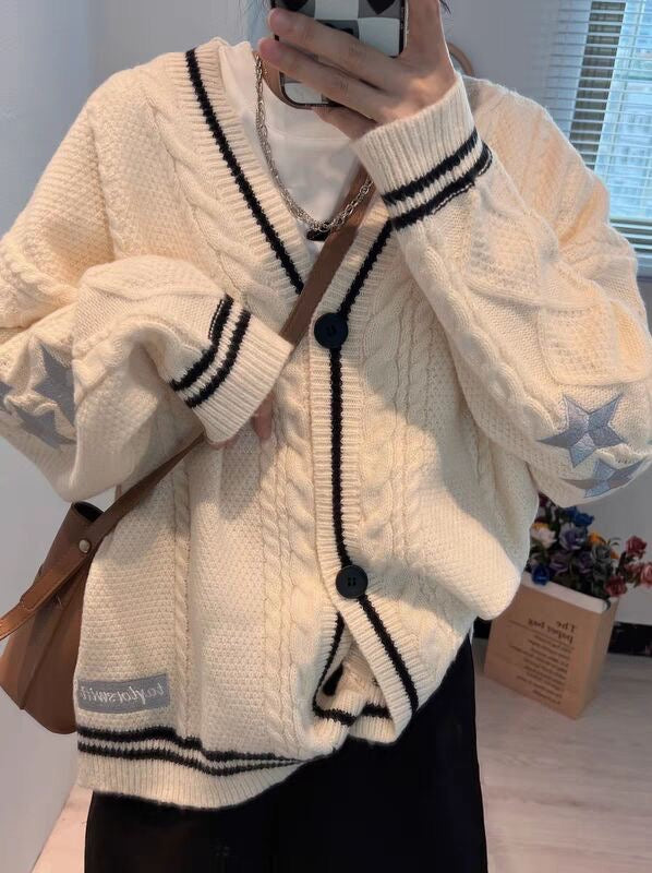 Loose Knitted Cardigans Star Embroidery Long Sleeve Top