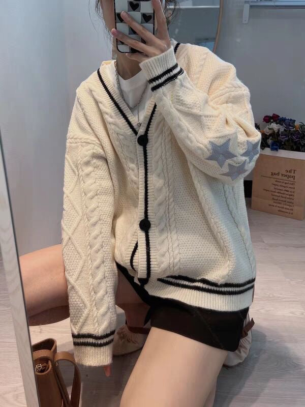 Loose Knitted Cardigans Star Embroidery Long Sleeve Top