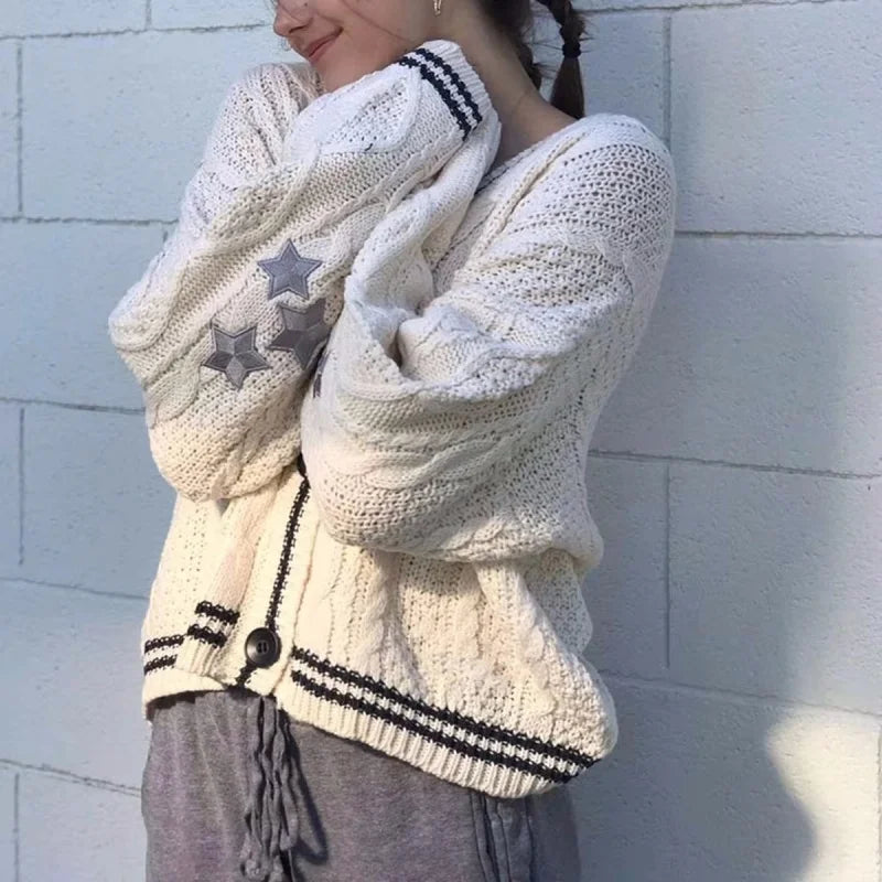 Loose Knitted Cardigans Star Embroidery Long Sleeve Top
