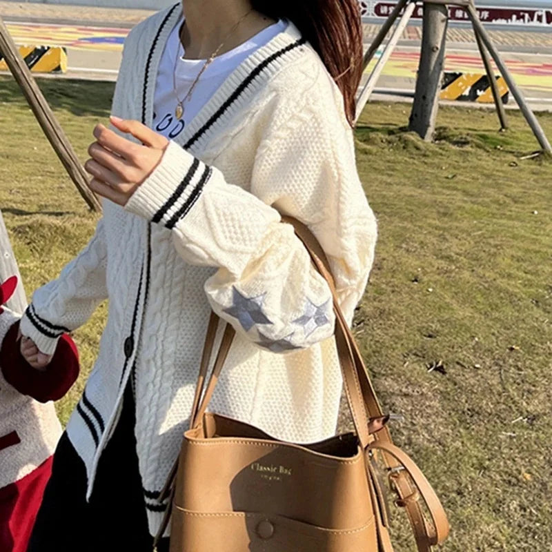 Loose Knitted Cardigans Star Embroidery Long Sleeve Top